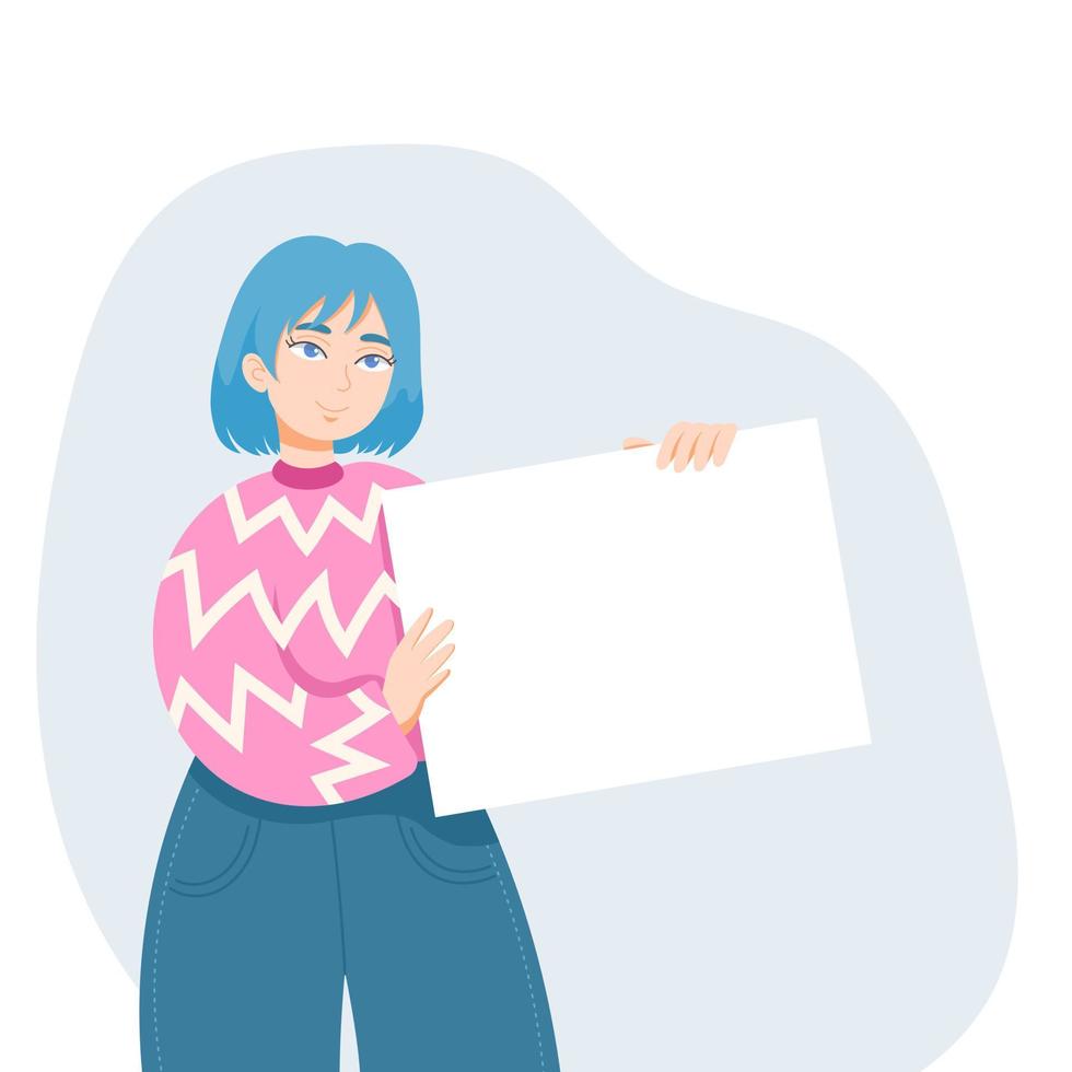 jong vrouw met blauw haar- Holding een blanco vel van papier. illustratie met kopiëren ruimte vector