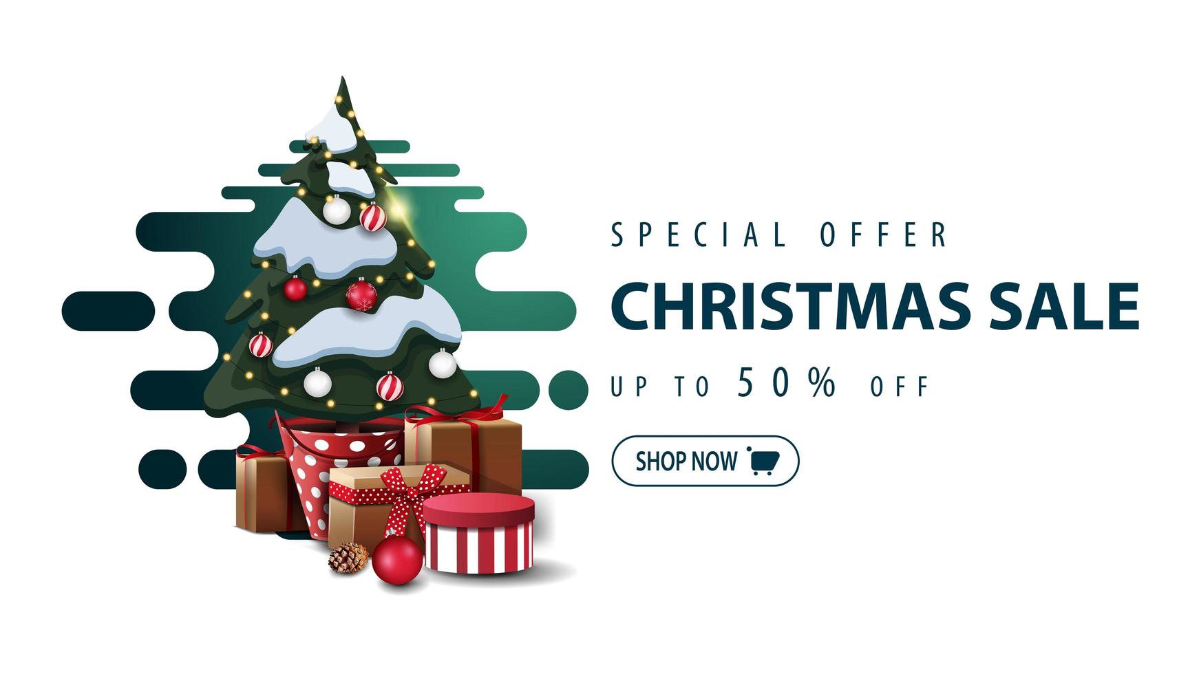 speciale aanbieding, kerstuitverkoop, tot 50 korting, witte minimalistische banner met groene abstracte vloeibare vorm en kerstboom in een pot met geschenken vector