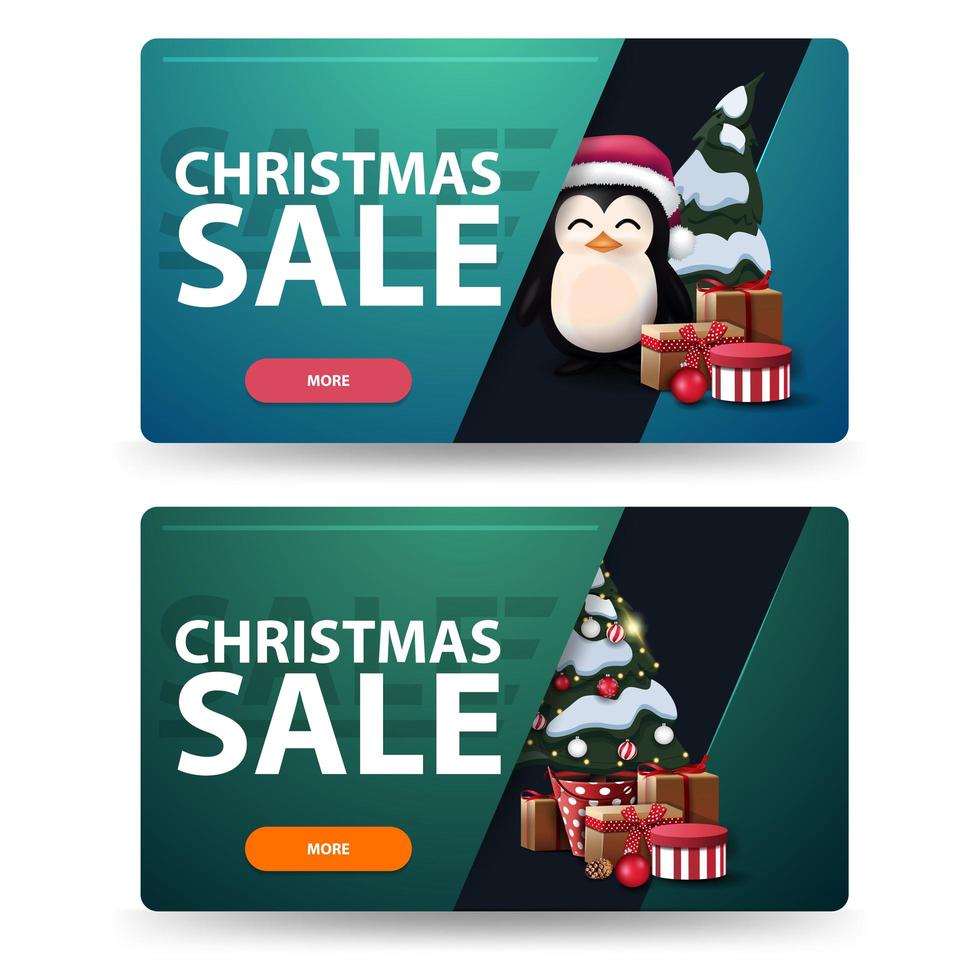 twee kortingskerstbanners met kerstboom in een pot met geschenken en pinguïn in kerstmanhoed met cadeautjes. groene en blauwe horizontale banners geïsoleerd op een witte achtergrond vector