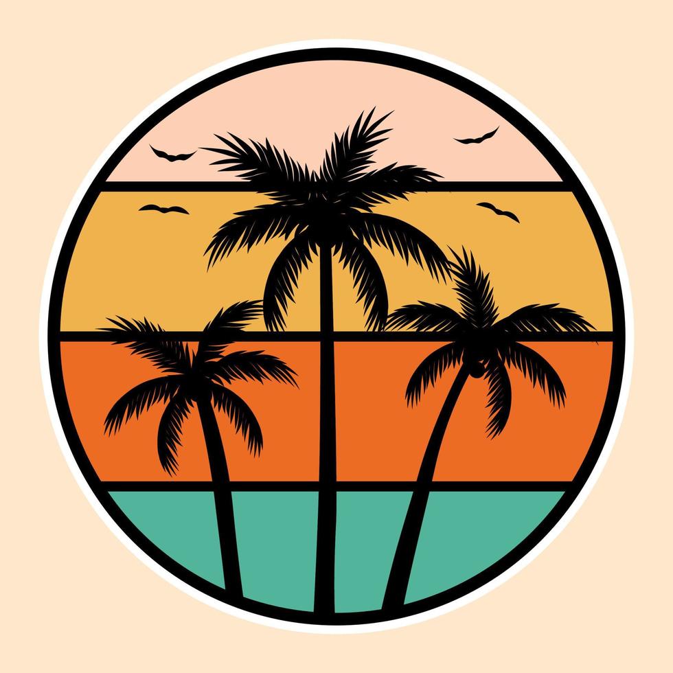 zomer zonsondergang strand etiket vector illustratie retro wijnoogst insigne sticker en t-shirt ontwerp