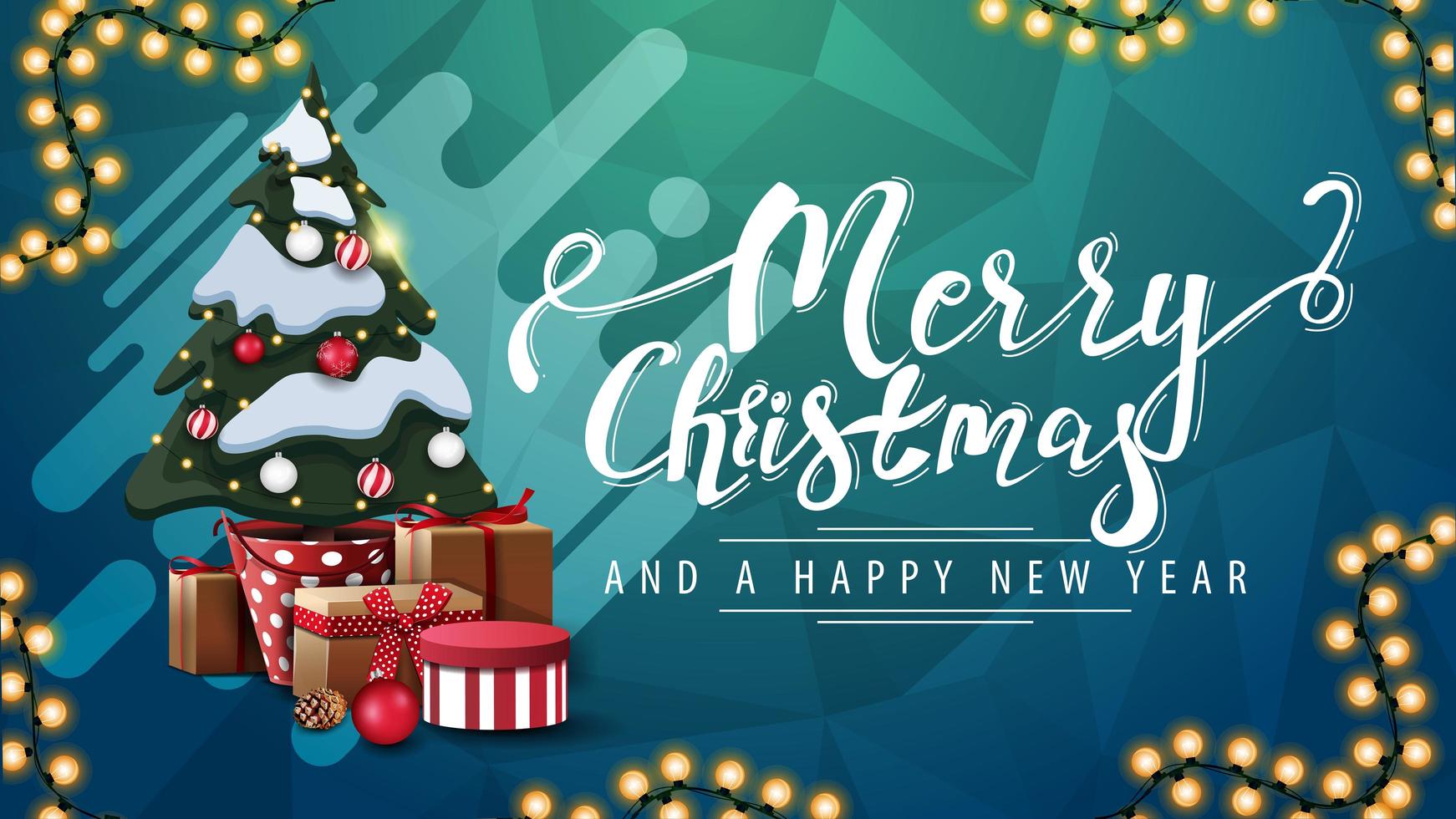 prettige kerstdagen en gelukkig nieuwjaar, groene ansichtkaart met slinger, abstracte vorm, veelhoekige textuur en kerstboom in een pot met geschenken vector
