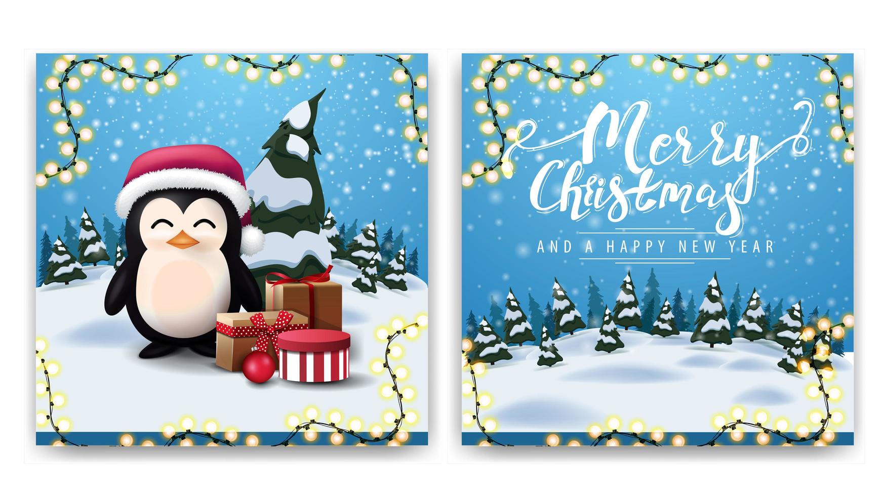 kerst vierkante dubbelzijdige ansichtkaart met cartoon winterlandschap en pinguïn in kerstman hoed met cadeautjes vector