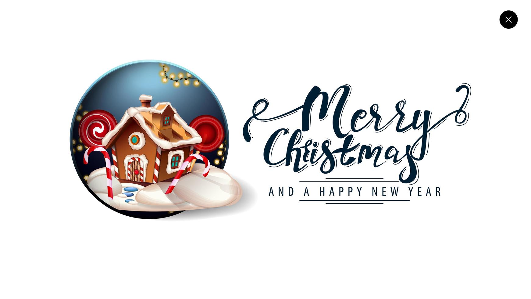 vrolijk kerstfeest, witte kaart voor website in minimalistische stijl met prachtige belettering en kerst peperkoek huis vector