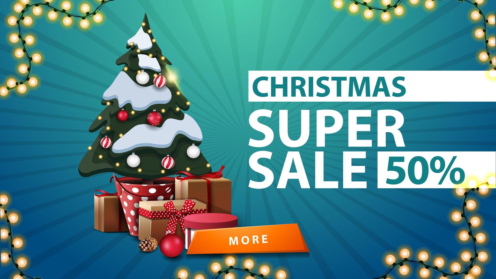 kerst super sale, tot 50 korting, blauwe kortingsbanner met kerstboom in een pot met cadeautjes en oranje knop vector