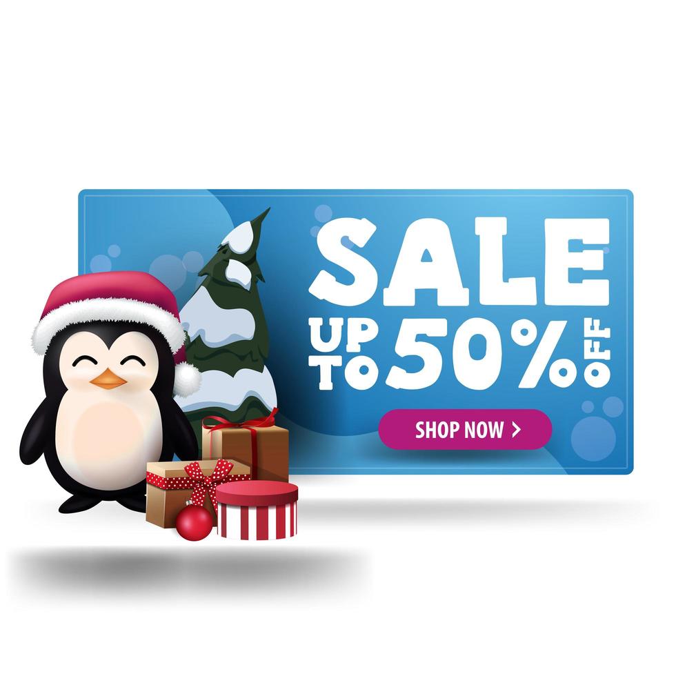 kerst blauwe korting 3d banner met maximaal 50 korting, paarse knop en pinguïn in kerstman hoed met cadeautjes vector