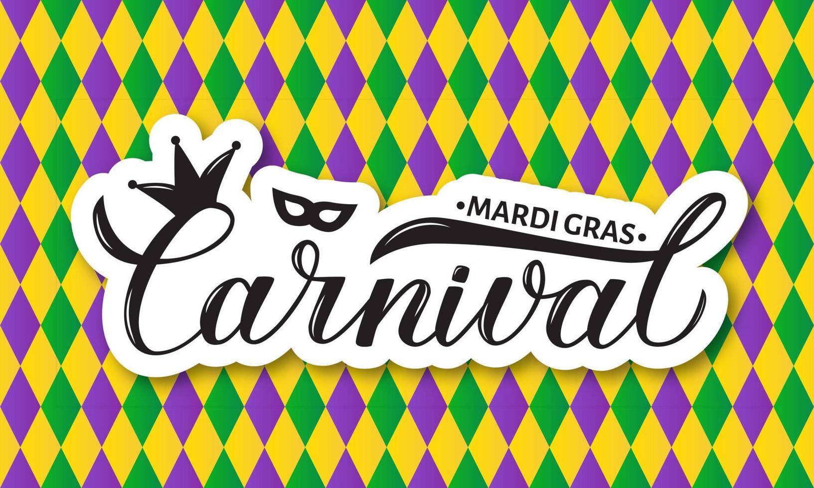 carnaval mardi gras hand- belettering Aan kleurrijk harlekijn patroon achtergrond. dik of vasten dinsdag viering poster. vector sjabloon voor banier, folder, maskerade partij uitnodiging, enz.
