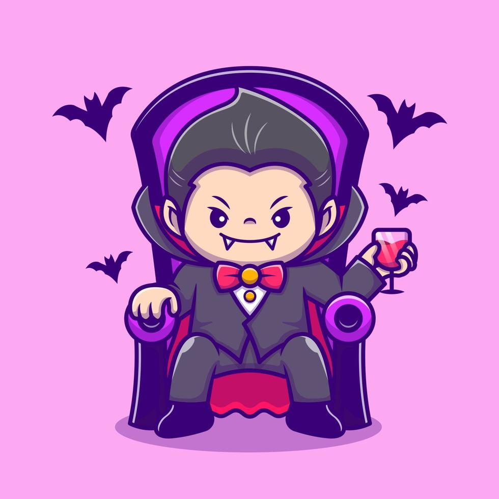 schattig dracula zitten Aan sofa met bloed sap en knuppel tekenfilm vector icoon illustratie. mensen vakantie icoon concept geïsoleerd premie vector. vlak tekenfilm stijl