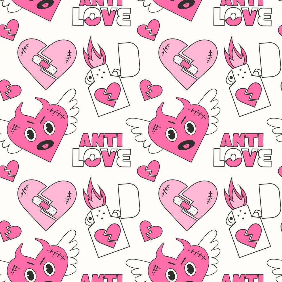 modieus y2k anti valentijnsdag dag naadloos patroon. jaren 2000 anti liefde conceptie. tekenfilm karakters. neon roze vector