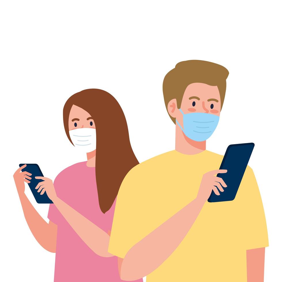 vrouw en man met medische maskers die smartphone vectorontwerp houden vector