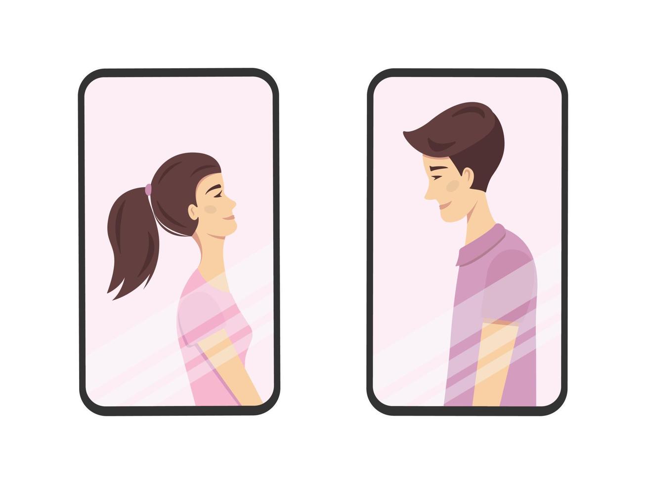 lang afstand verhoudingen. video communicatie. Valentijn dag concept. romantisch paar in liefde pratend door telefoons. jong glimlachen vrouw looks Bij een Mens. vector