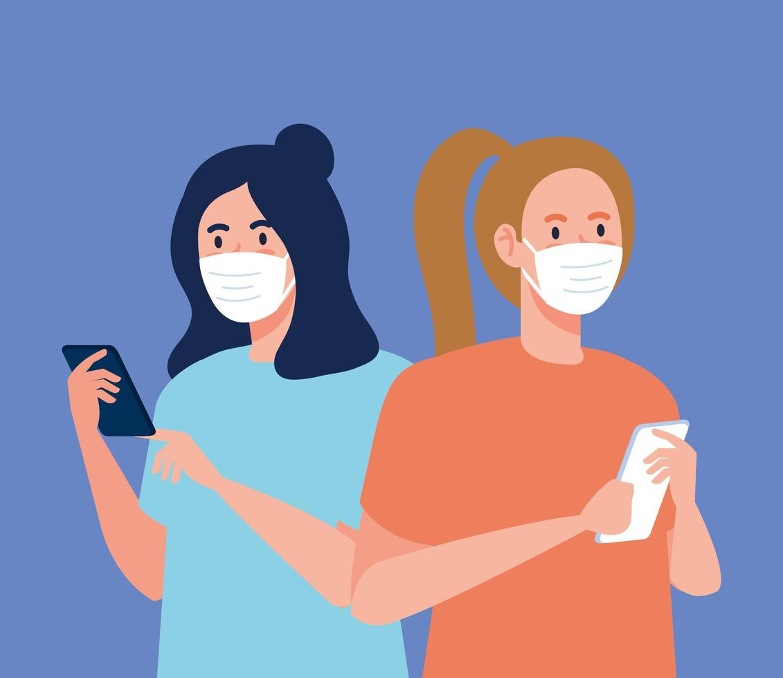 vrouwen met medische maskers die smartphone vectorontwerp houden vector