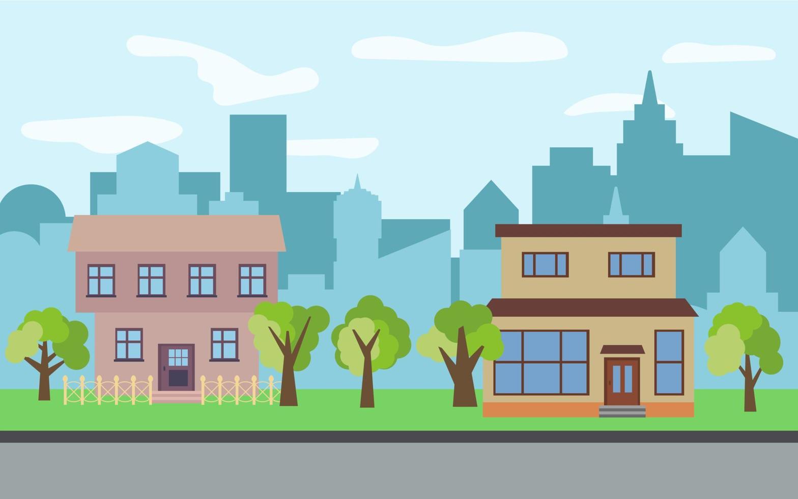vector stad met twee twee verdiepingen tekenfilm huizen en groen bomen in de zonnig dag. zomer stedelijk landschap