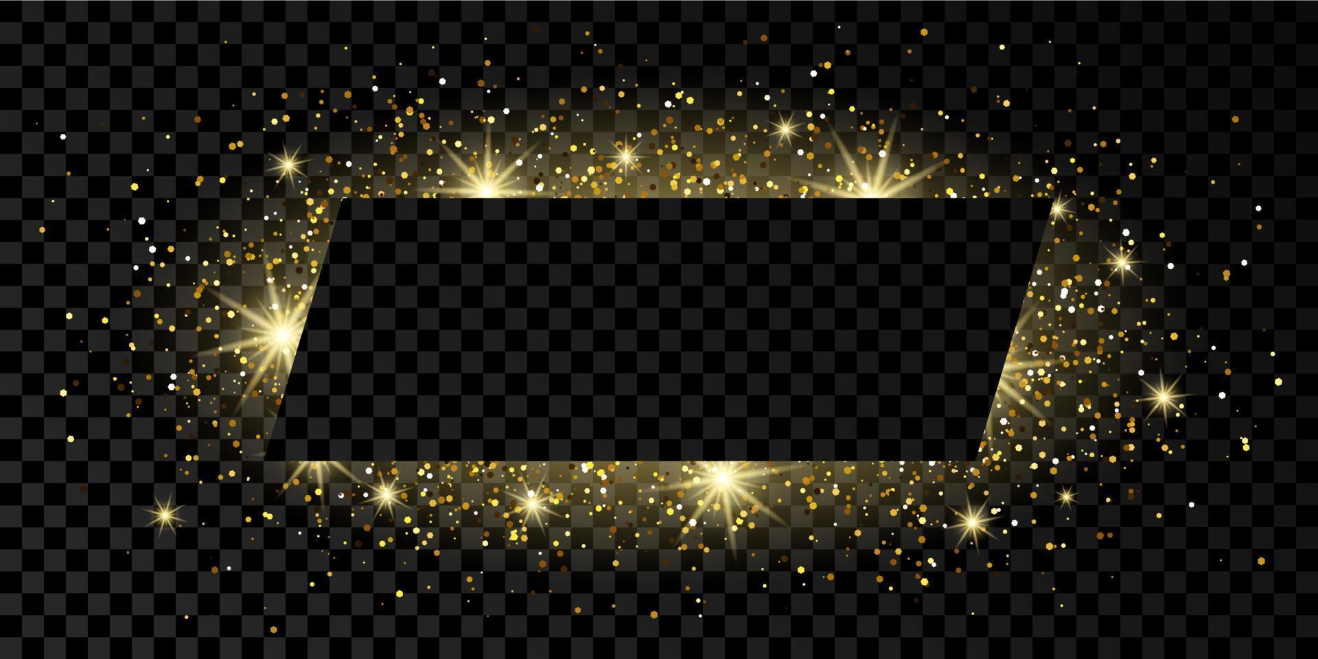 gouden rechthoek kader met schitteren, sparkles en fakkels. leeg luxe achtergrond. vector illustratie.