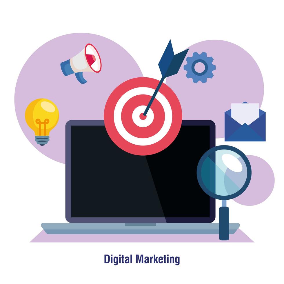 laptop met doelwit lupe en icon set van digitale marketing vector design