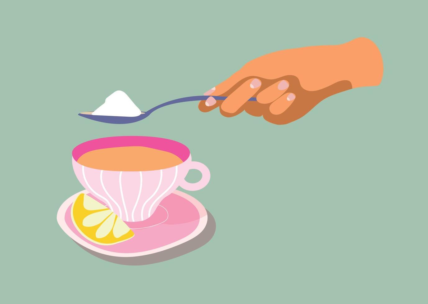 suiker in thee. lepel met suiker in hand. zoet thee. heerlijk heet drankje. vector illustratie vlak ontwerp. geïsoleerd Aan wit achtergrond.