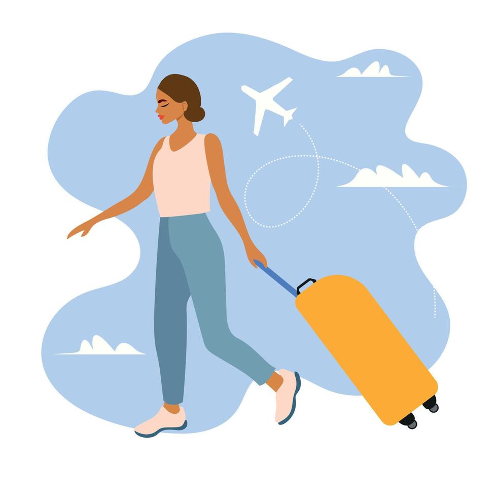 vrouw toerist met bagage Bij de luchthaven. jong vrouw op reis Buitenland door vliegtuig met een koffer, tas. zomer vakantie, vakantie, reis concept. geïsoleerd vlak vector illustratie