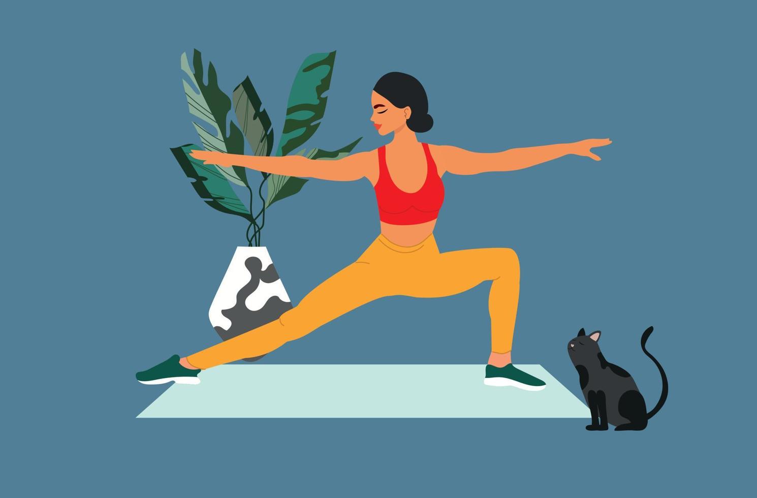 sport- opleiding. vrouw aan het doen yoga Bij huis. sport- opdrachten in een knus interieur. hoe naar houden fit binnenshuis. vlak vector illustratie