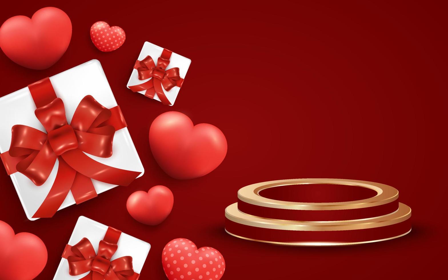 valentijnsdag dag achtergrond met geschenk doos ornamenten en podium vector