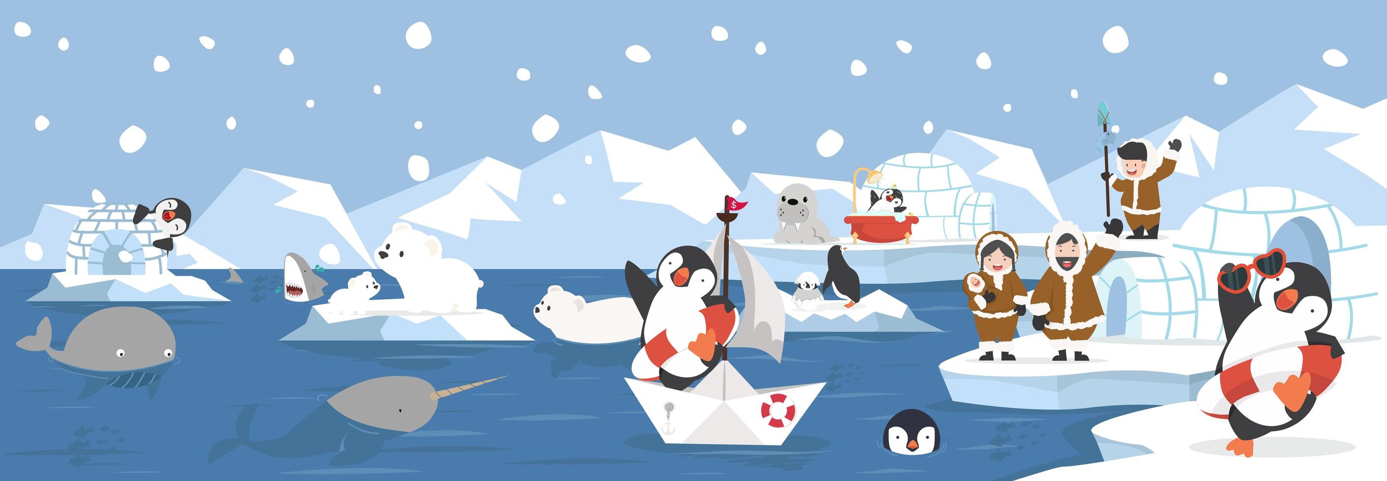 cartoon arctisch landschap met dieren en inuit mensen banner vector
