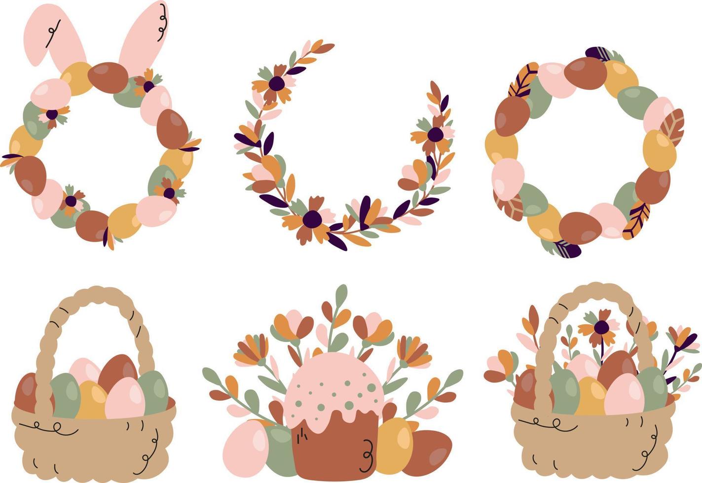 reeks boho Pasen manden met geschilderd eieren en voorjaar bloemen. rieten mand vol van chocola ei, lente vakantie geschenk belemmert vector set. illustratie van Pasen mand voor vakantie