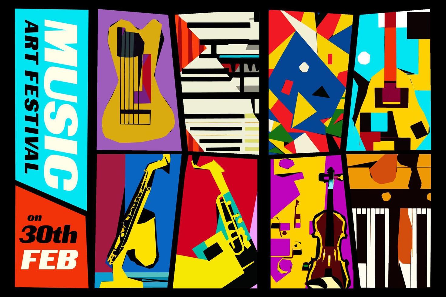 muziek- en kunst festival. vector illustratie van een reeks van abstract jazz- achtergronden met musical instrumenten. gitaar, piano, saxofoon en viool.