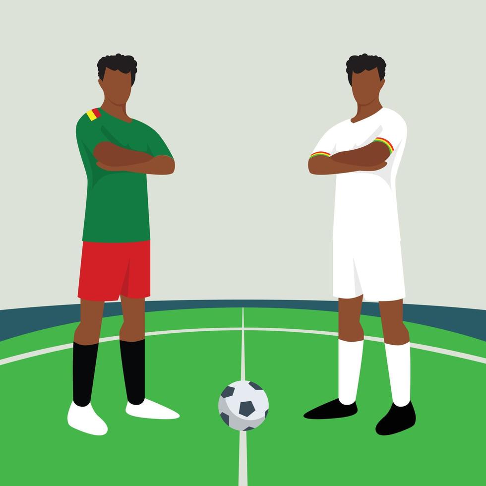 bij elkaar passen voorbeeld weergeven twee mannetje voetballers binnen een Amerikaans voetbal veld- vector illustratie. Kameroen vs Ghana.