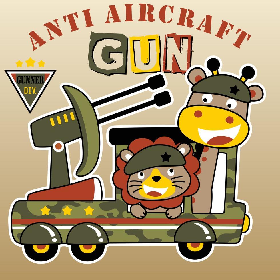 grappig leeuw en giraffe Aan leger voertuig met geweer, vector tekenfilm illustratie