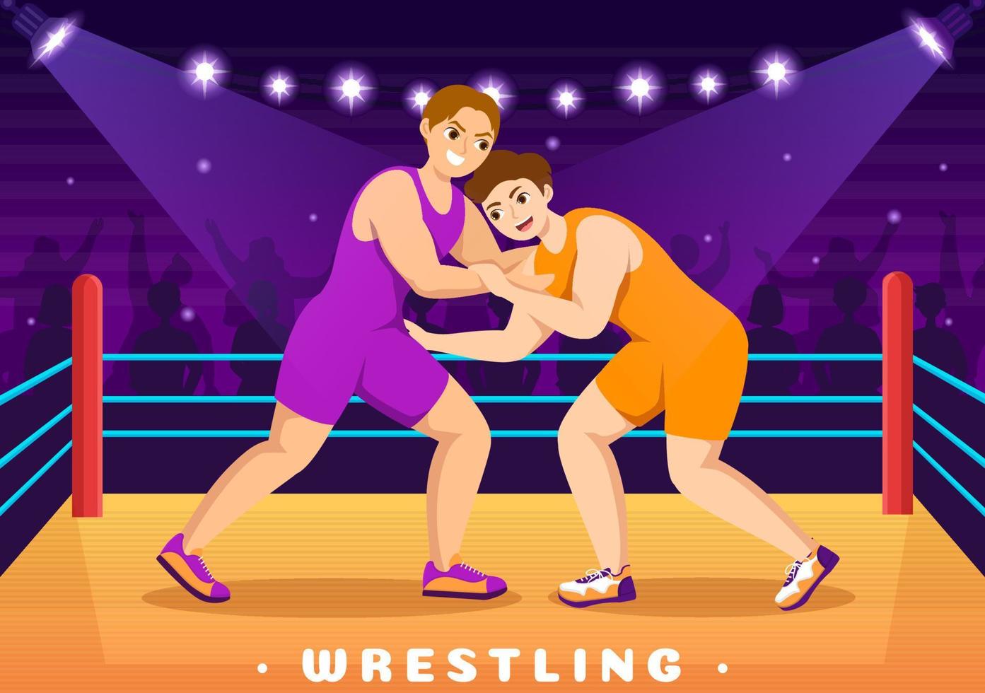het worstelen illustratie met twee strijders boksen wedstrijd of kampioenschap sport Aan een arena in vlak tekenfilm hand- getrokken voor landen bladzijde Sjablonen vector