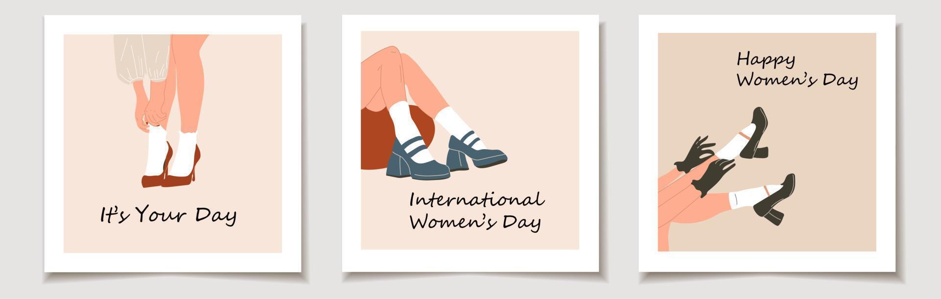 Internationale vrouwen dag. een reeks van groet kaarten met vrouw poten in elegant schoenen met hakken en kant sokken. vector