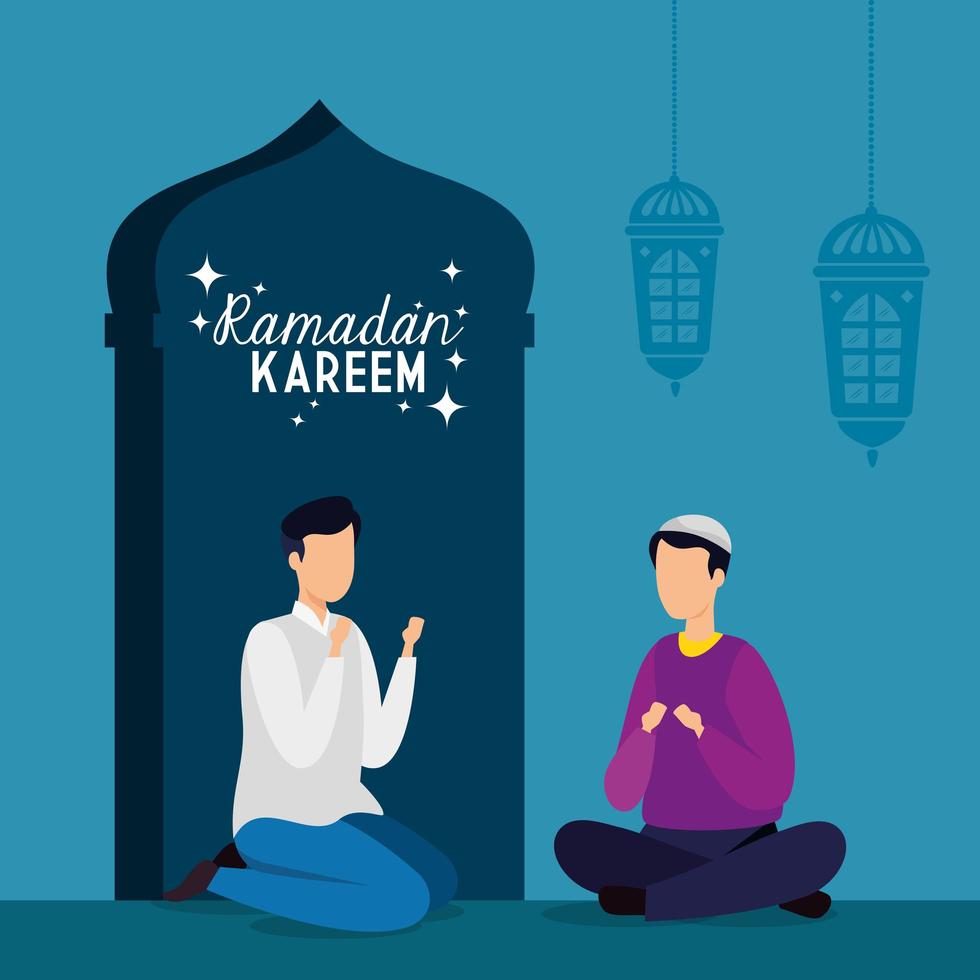 ramadan kareem islamitische kaart, mannen zitten met gekruiste benen vector