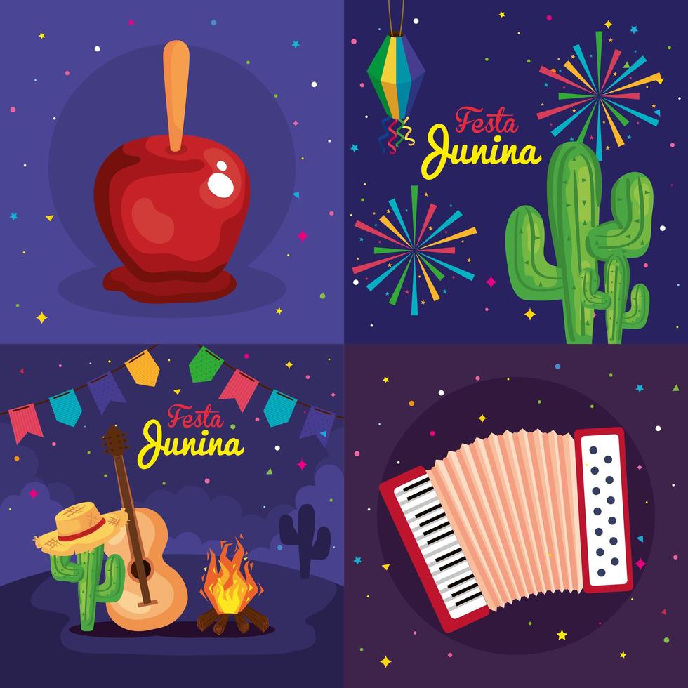 festa junina set kaarten, brazilië juni festival met decoratie vector