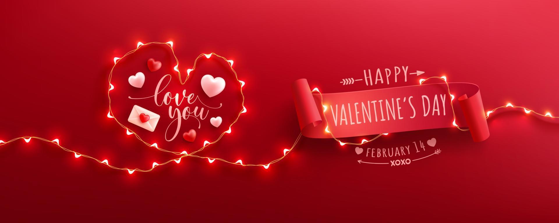 happy Valentijnsdag poster of banner met symbool van hart van led lichtslingers en Valentijn elementen op rode achtergrond. promotie- en winkelsjabloon voor liefde en valentijnsdagconcept. vector