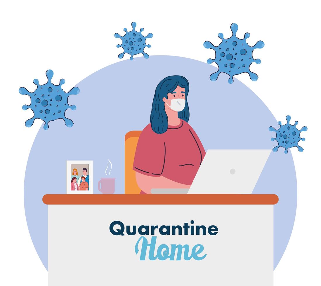 blijf thuis werk thuis, vrouw bescherm jezelf door thuis te werken, blijf thuis in quarantaine tijdens het coronavirus vector