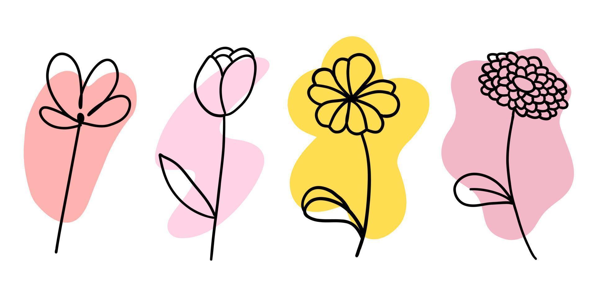 bloemen met kleurrijk borstel reeks in vlak tekening tekenfilm stijl. vector illustratie reeks Aan wit achtergrond.