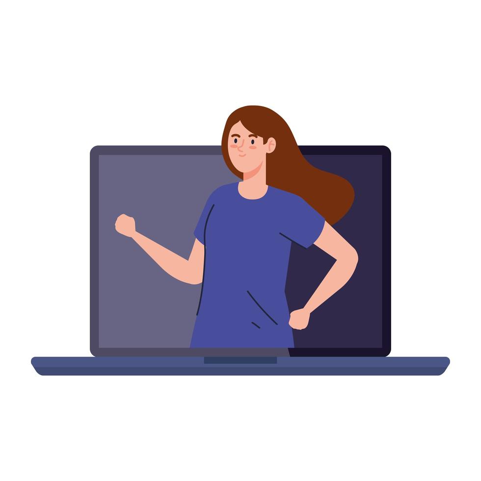 vrouw binnen laptop in scherm, videovergadering vector