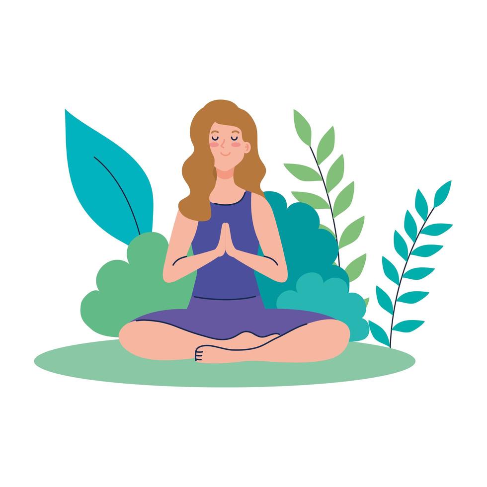 vrouw mediteren, concept voor yoga, meditatie, ontspannen, gezonde levensstijl in landschap vector