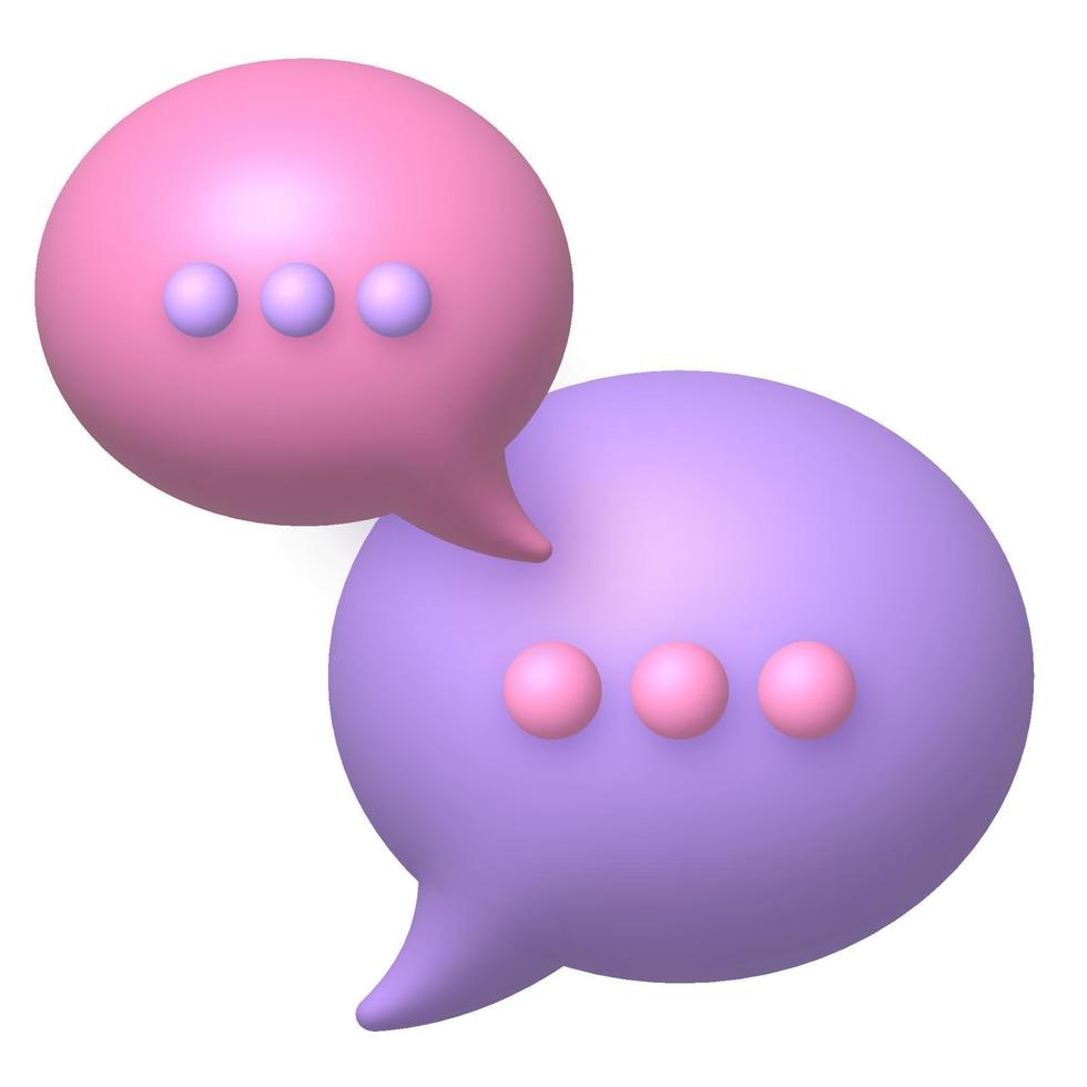 toespraak bubbel 3d icoon. roze en Purper bubbels met drie stippen. vector illustratie.