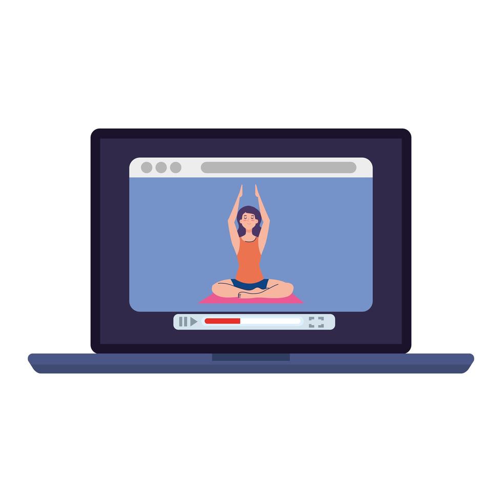 online, yoga-concept, vrouw beoefent yoga en meditatie, kijkt naar een uitzending op een laptopcomputer vector