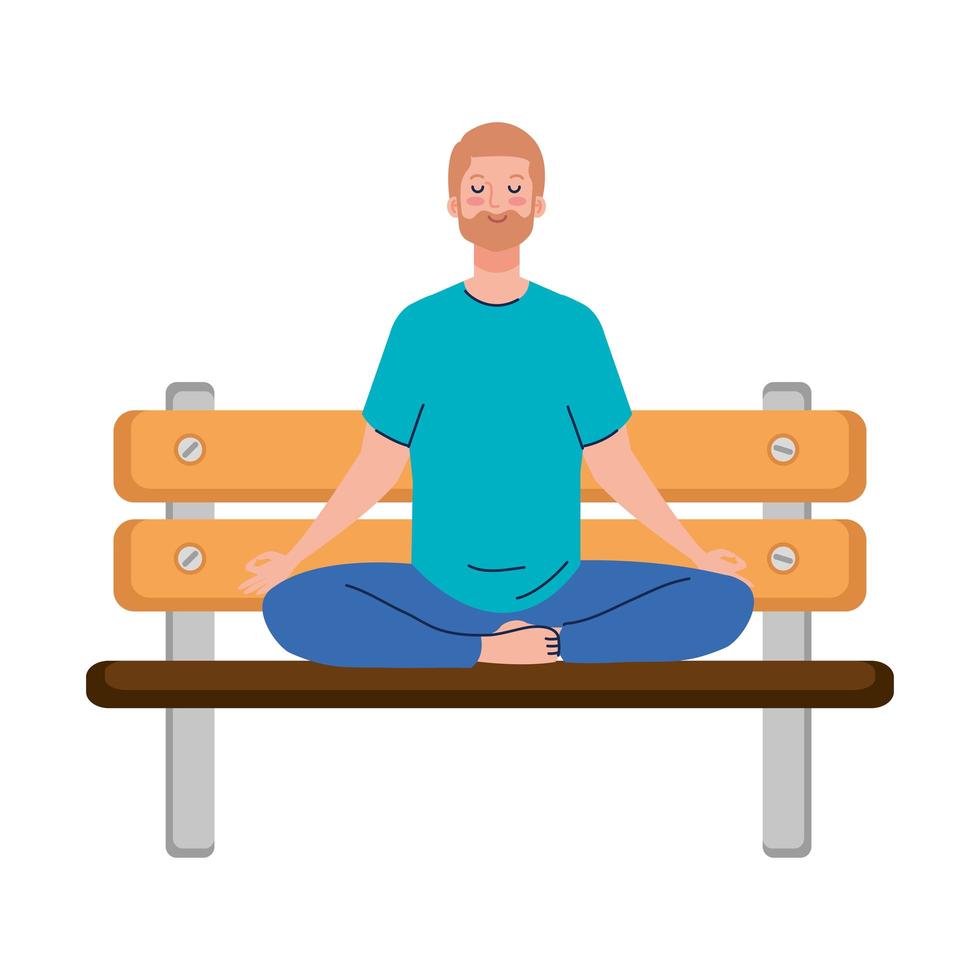 man mediteren zittend in park houten stoel, concept voor yoga, meditatie, ontspannen, gezonde levensstijl vector