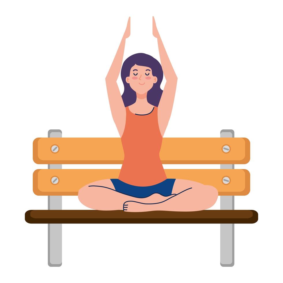 vrouw mediteren zittend in park houten stoel, concept voor yoga, meditatie, ontspannen, gezonde levensstijl vector