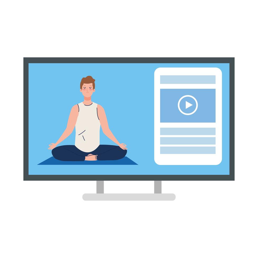 online, yoga concept, man beoefent yoga en meditatie, kijkt naar een uitzending op een computer vector