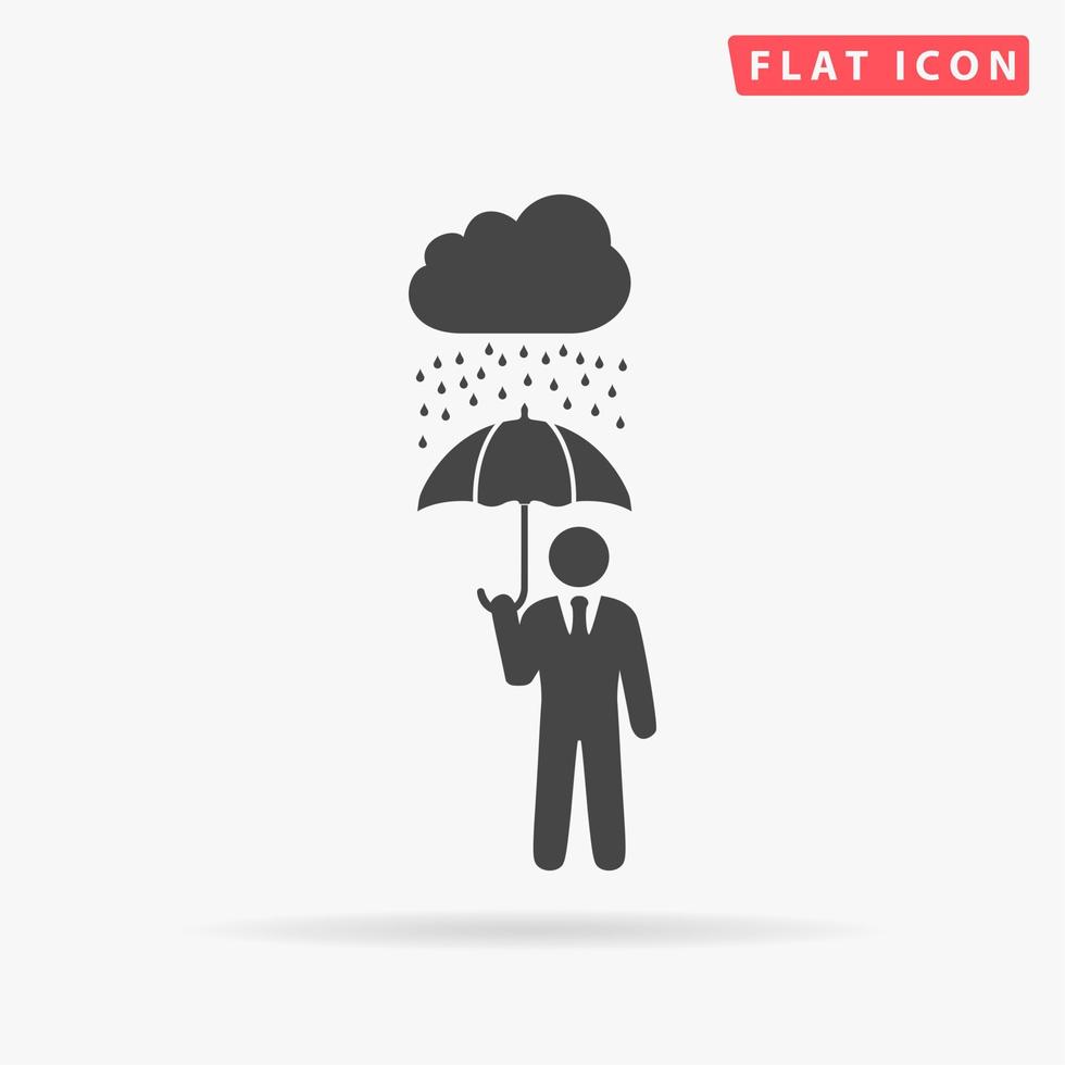 zakenman met paraplu beschermen van regen. gemakkelijk vlak zwart symbool met schaduw Aan wit achtergrond. vector illustratie pictogram
