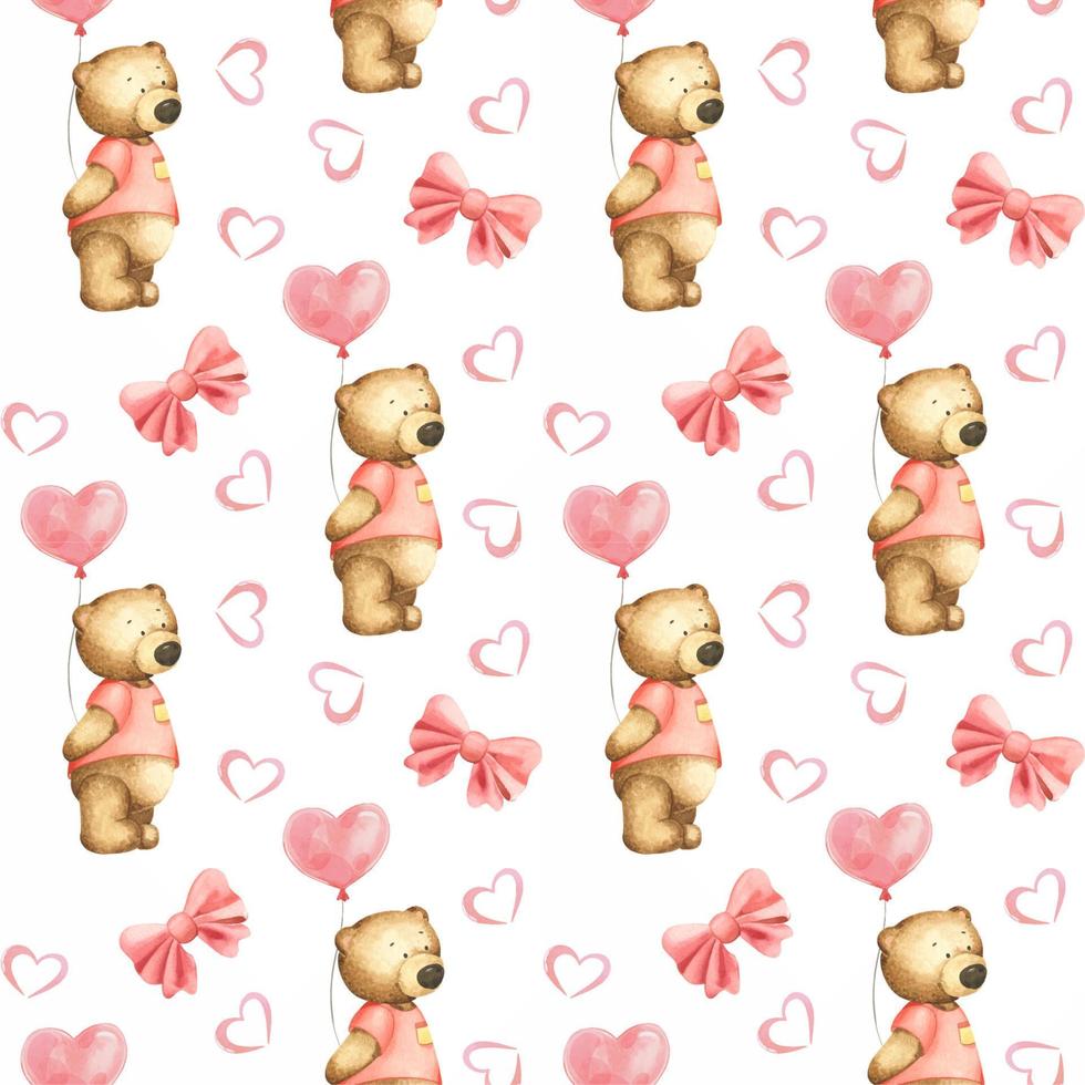 teddy beren, hartvormig lucht ballonnen, rood bogen en harten Aan de wit achtergrond. waterverf naadloos patroon st. Valentijnsdag dag. perfect voor omhulsel papier, achtergrond, behang, textiel ontwerp. vector