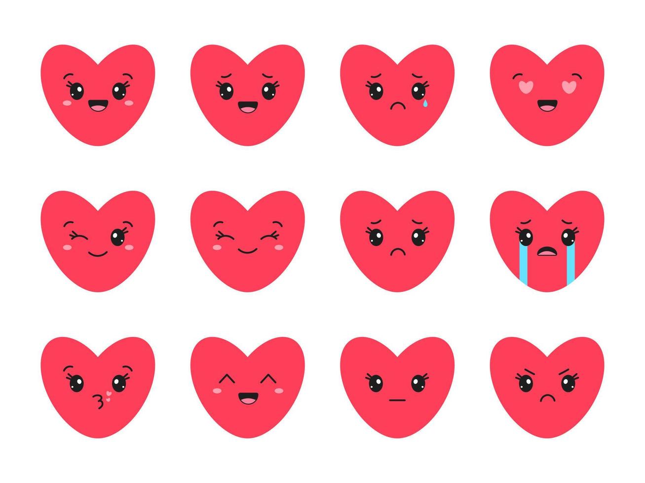 reeks van hart, liefde, romance of Valentijnsdag dag rood vector icoon met kawaii emoji voor apps en websites