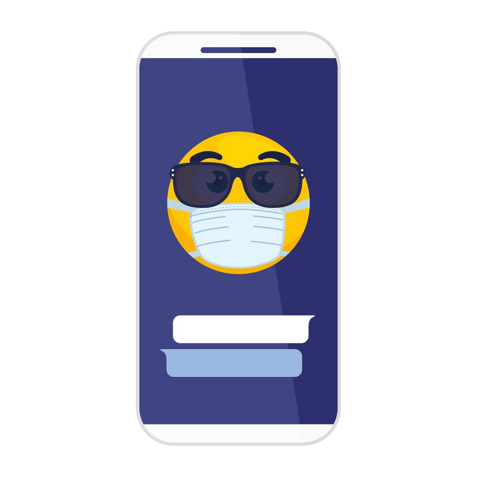 smartphone met emoji met behulp van zonnebril medische masker dragen op witte achtergrond vector