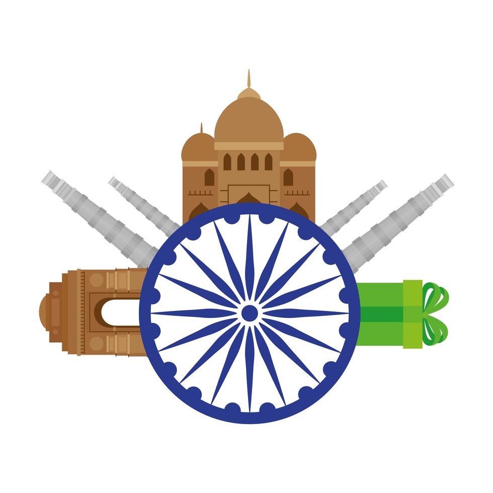 blauw ashoka wiel Indisch symbool met traditionele monumenten van India vector