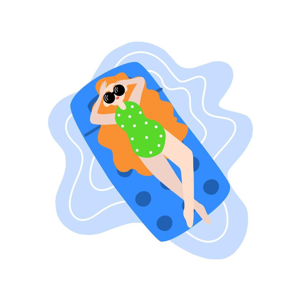 schattig meisje rust uit Aan matras. zomer vakantie. grappig vrouw in zwempak kom tot rust Aan water. vector