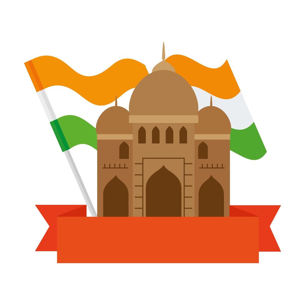 india moskee, beroemd monument van india met vlag india en lint vector