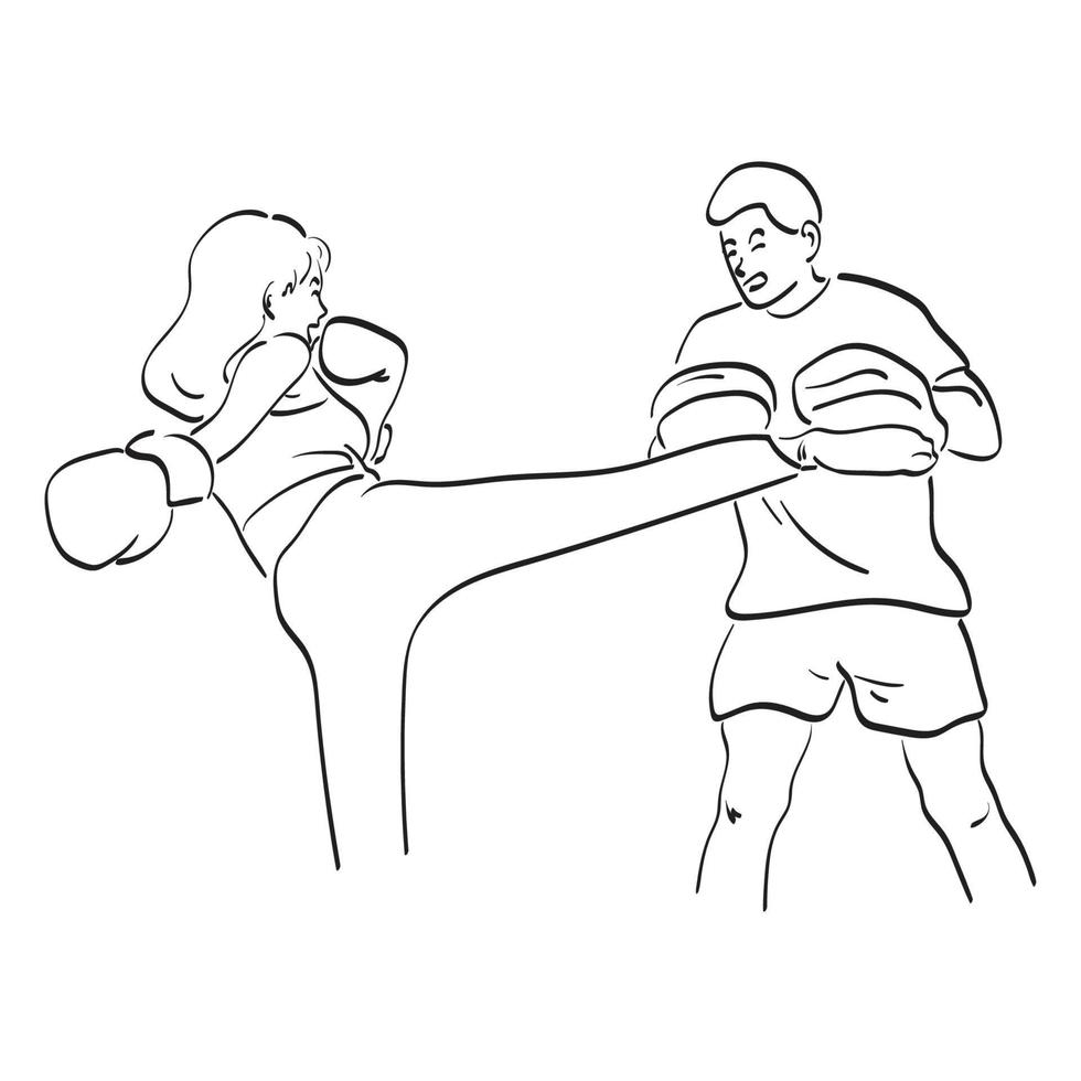 jong vrouw aan het doen kickboksen opleiding met haar trainer illustratie vector hand- getrokken geïsoleerd Aan wit achtergrond lijn kunst.