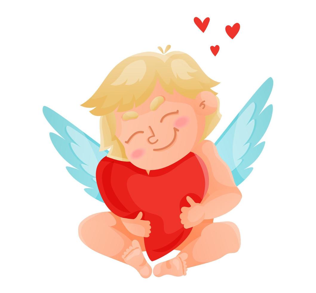 schattig Cupido is Holding hart. gelukkig weinig engel met Vleugels. valentijnsdag vector illustratie Aan wit geïsoleerd achtergrond.
